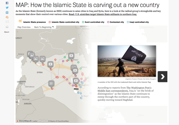 The Washington Post uses StoryMapJS to map the Islamic State's incursion into Iraq and Syria.